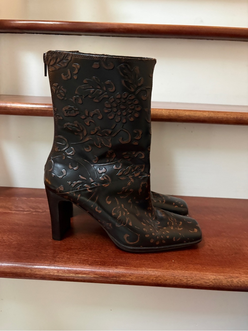 Greenwich Village leather Floral Ankle Boots in Black with Bronze Detail